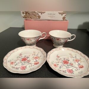 New Shabby Chic Fine Porcelain Tea Cup Saucer Set Of 2